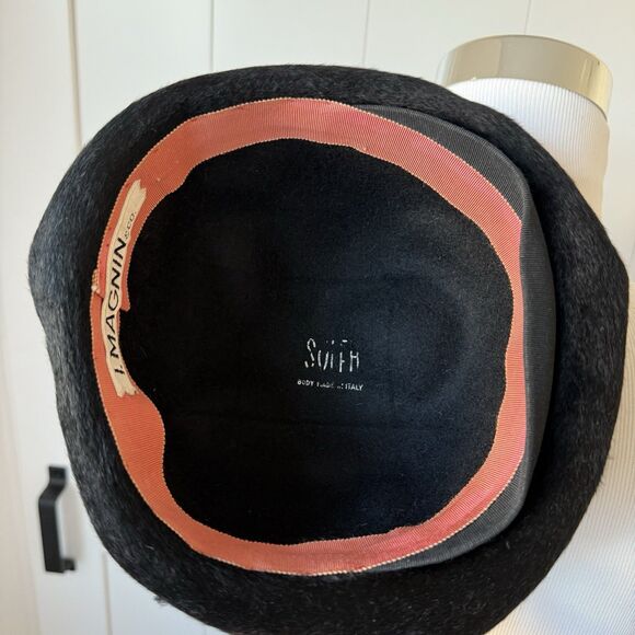 VTG 40s 50s I. Magnin Small Half Hat Derby Fedora Italy Retro Black Tassel Scarf - Picture 5 of 13